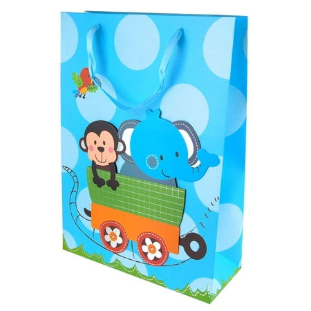 Monkey/Elephant Train Ride Circle Dots Baby Shower Paper Gift Bags, Blue, 16-Inch
