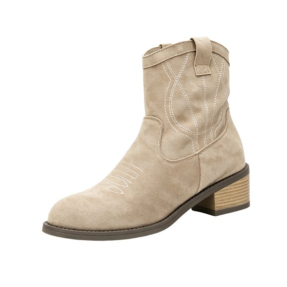 Cowboy Boots for Women Western Style Round Toe Womens Booties Low Heel Pull On Faux Suede Mid Calf Booties Fall Winter Womens Shoes