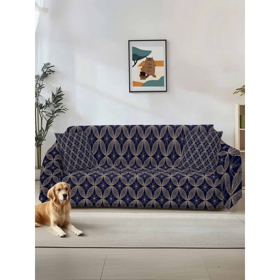 Navy Blue Geometric Couch Cover for 2 Cushion Sofa, Brown Modern Abstract Art Aesthetics Washable Loveseat Sofa Covers Slipcover for Sectional Sofas L-Shaped, Couch Throw Cover 71"x118"