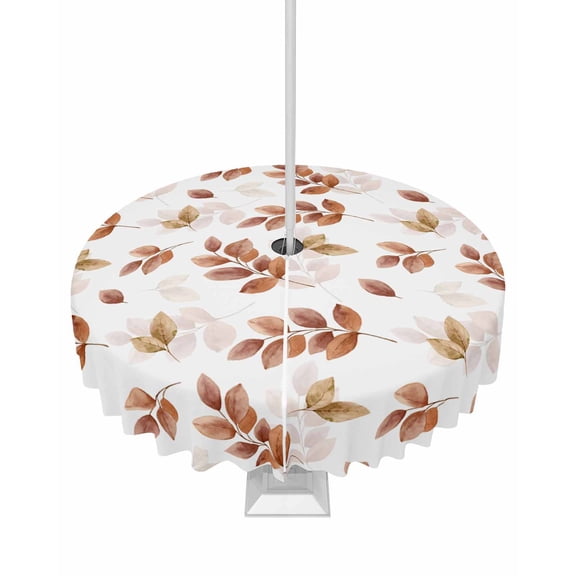 Fsddascl Brown Botanical Fall Outdoor Tablecloth - 54 Inch Round Dining Table Cover, Pastoral Maple Leaf Autumn Waterproof Outdoor Table Cloth with Umbrella Hole & Zipper for Picnic/Patio/Party