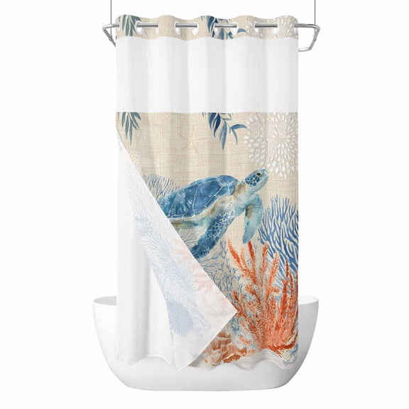 Sea Turtle Coastal No Hook Shower Curtain with Snap in Liner, Waterproof Fabric Shower Curtains, Summer Beach Coral Nautical Farmhouse Shower Curtain Set Top See Through for Bathroom 36"x78"