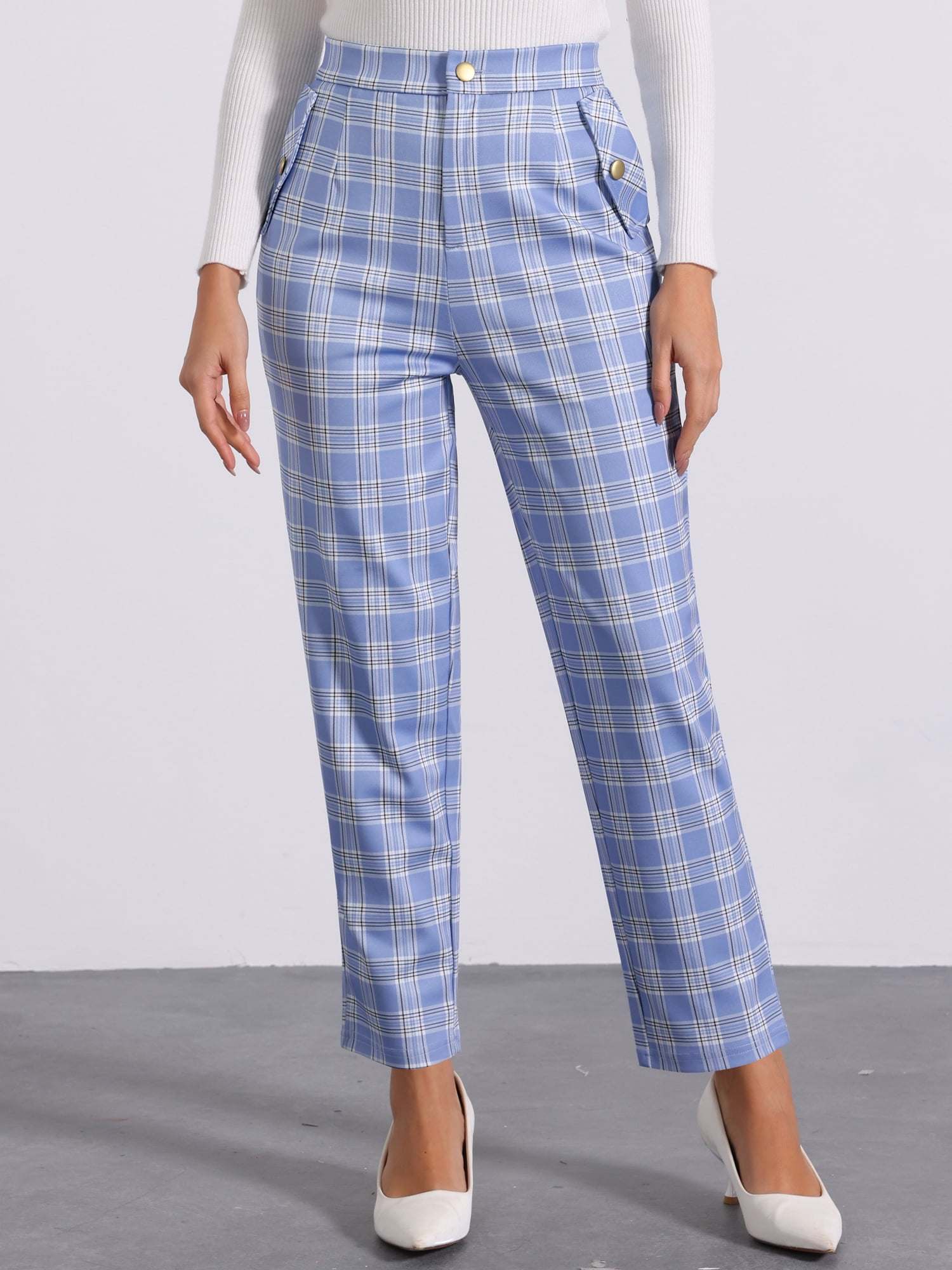 DARING DIVA Women's Tartan Plaid Pants Elastic Waist Straight Trousers XS Light Blue