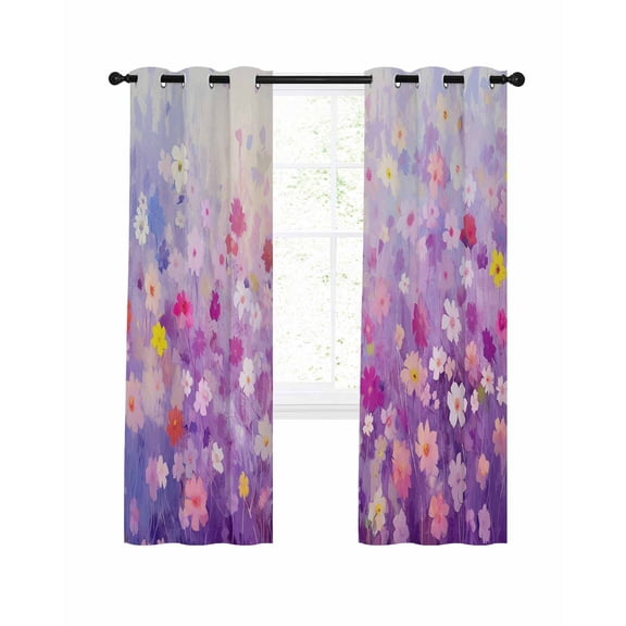 Purple Spring Floral Blackout Curtains 45 Inches Long for Bedroom, Summer Daisy Botanical Oil Painting Thermal Insulated Room Darkening Black Out Window Curtain Panels Grommet Drapes for Living Room