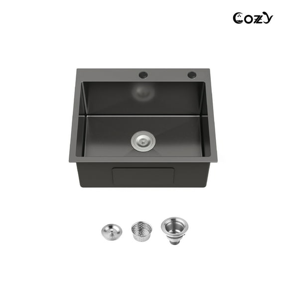 23″x19″ Stainless Steel Kitchen Sink, Single Bowl, Overmount Handmade Sink in Black, with US Standard Drain and Hook, SS-BL02D-231908-2