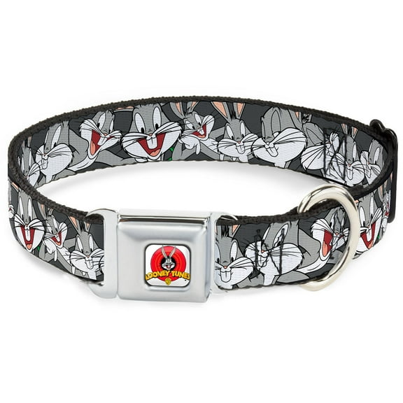 Looney Tunes Pet Collar, Dog Collar Metal Seatbelt Buckle, Bugs Bunny Close Up Expressions Black, 20 to 31 Inches 1.5 Inch Wide