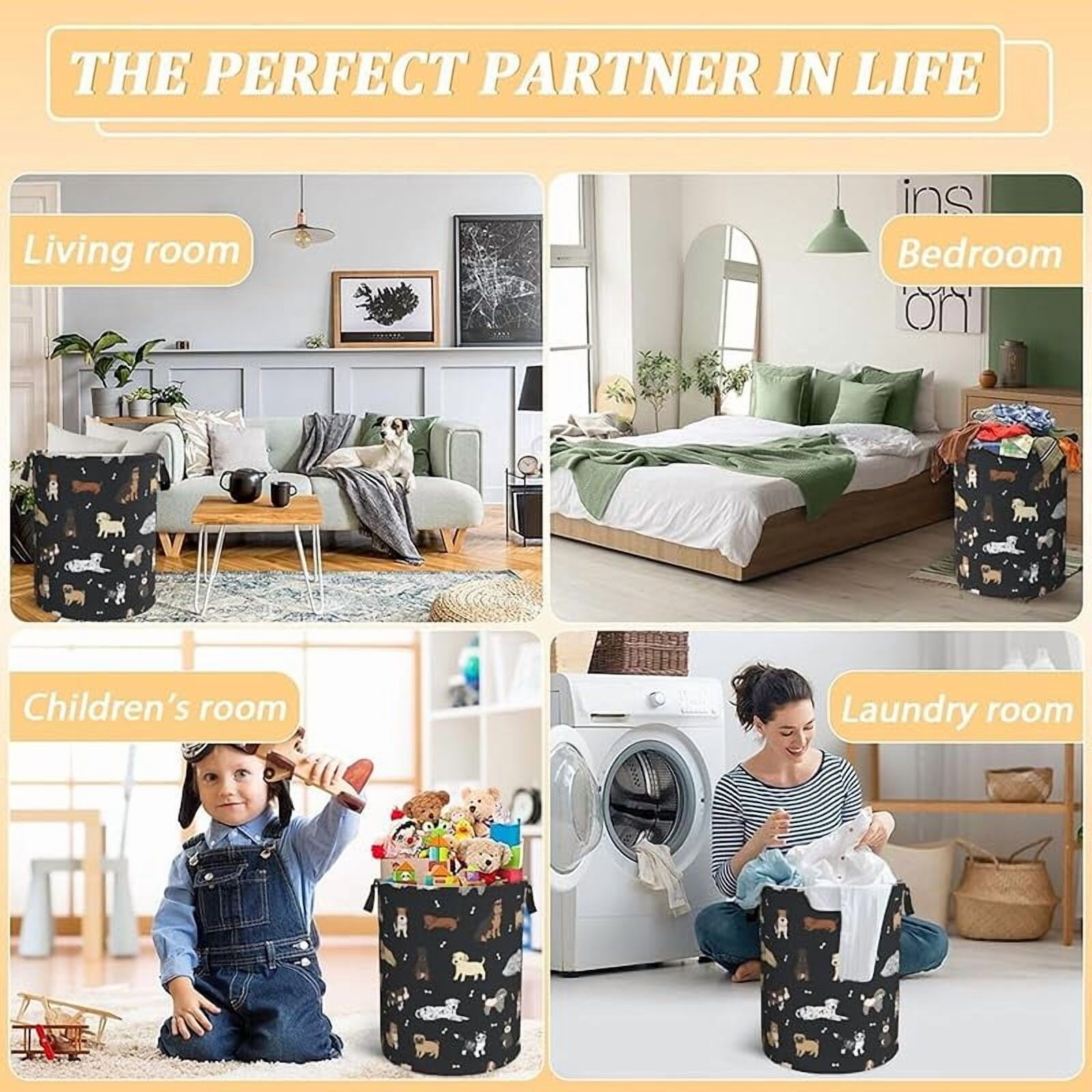 Cute Puppy Dogs Laundry Hamper Bag With Waterproof Liner - Pet Animals Round Laundry Basket Foldable Clothes Storage Organizer For Bathroom Bedroom Nursery Dorm