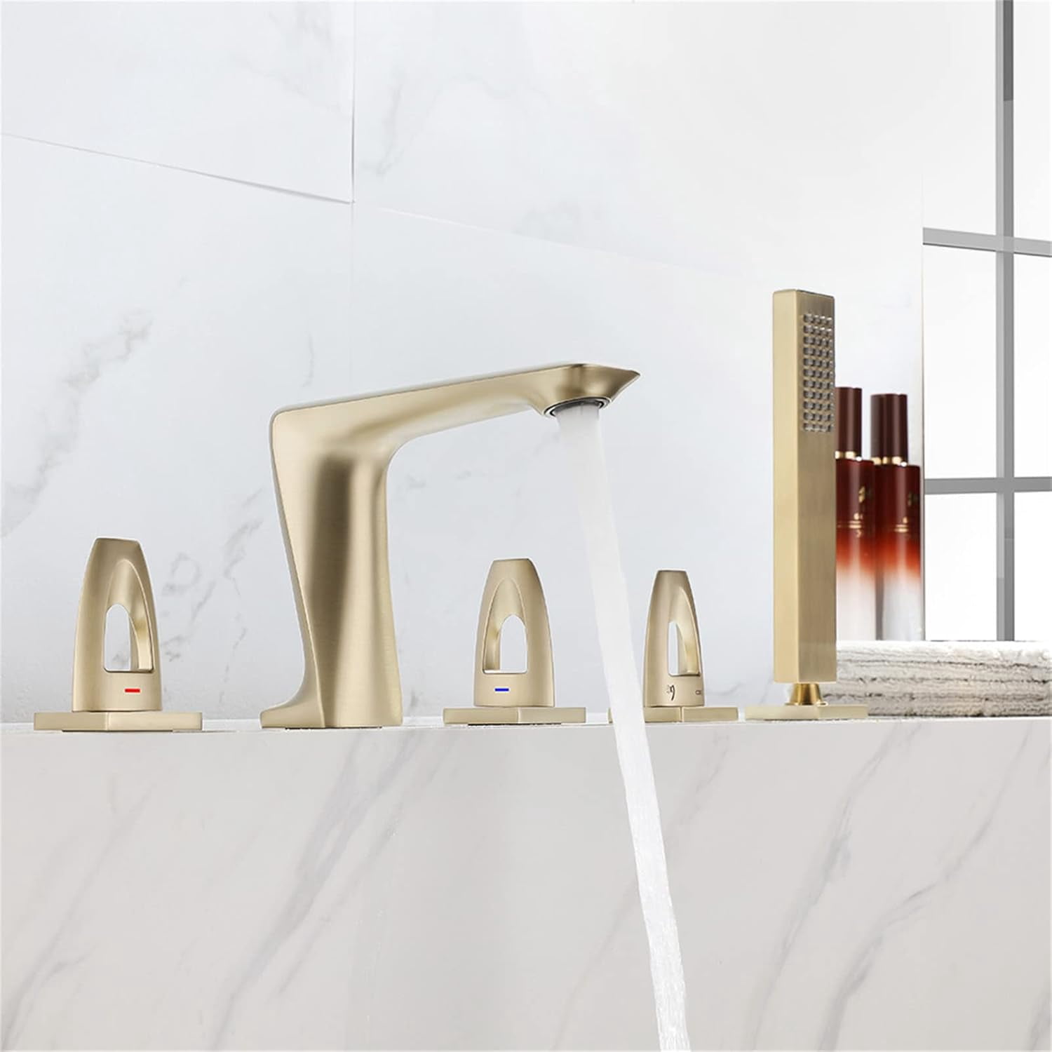 Bathtub Faucet, 5pc Deck Mounted Bath Shower Set Brass Hand Shower Basin Mixer Tap Widespread Tub Sink Faucet
