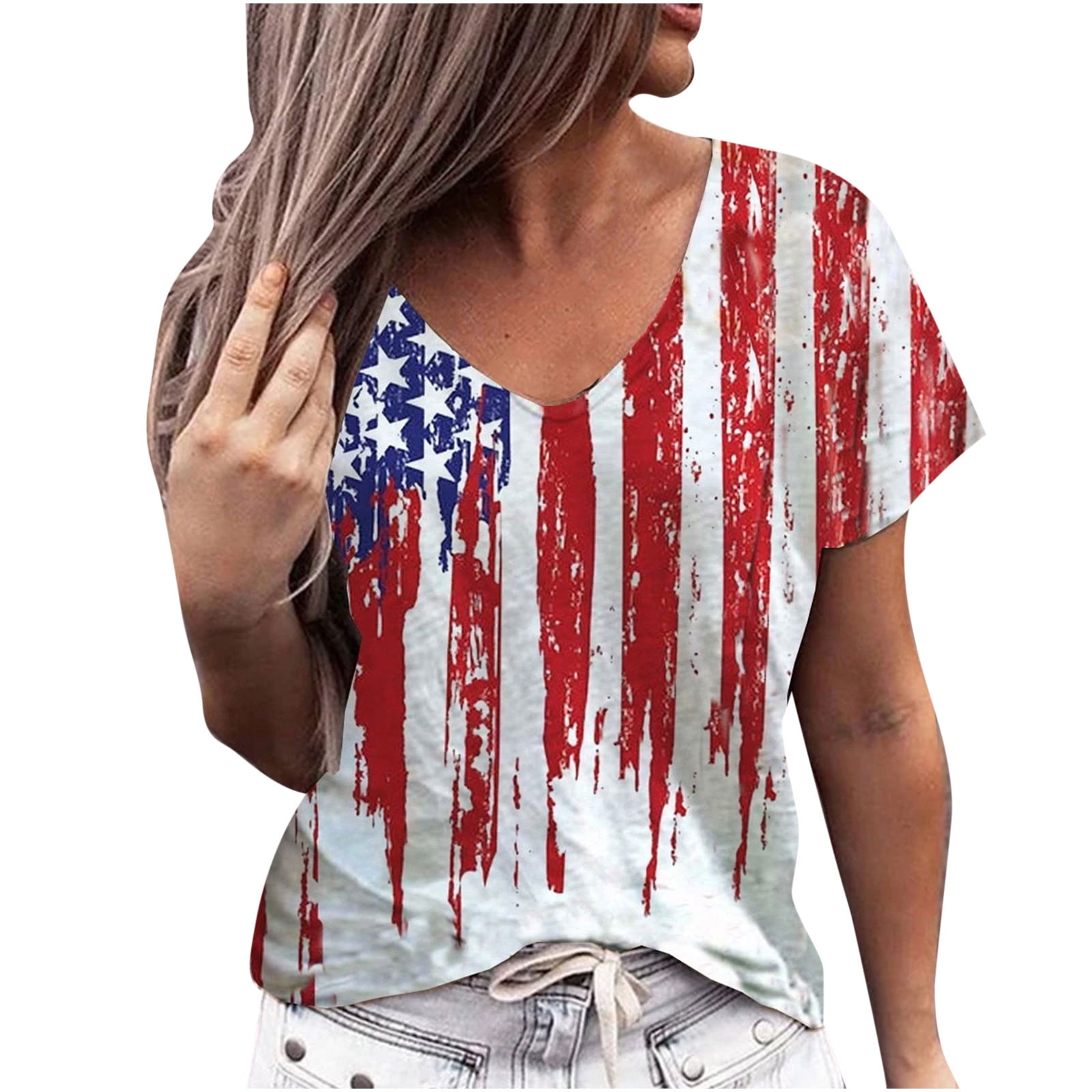 3/4 Sleeve Blouse Casual Tops Star Print Raglan Tops Shirts 4th of July USA Tee 