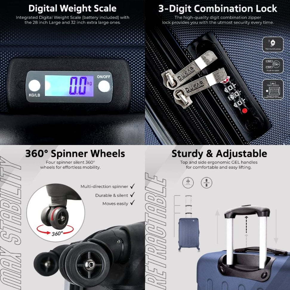 DUKAP Intely 32" Hardside Lightweight Luggage with Spinner Wheels and Integrated Weight Scale, Blue