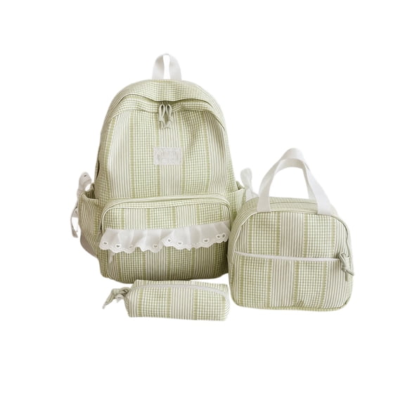 3 In 1 Backpack Combo, Vertical Stripe Lace Trim Oxford Rucksack, Adjustable Padded Strap Sweet Cute School Kit for Teen Girls Daily School Shopping Trip