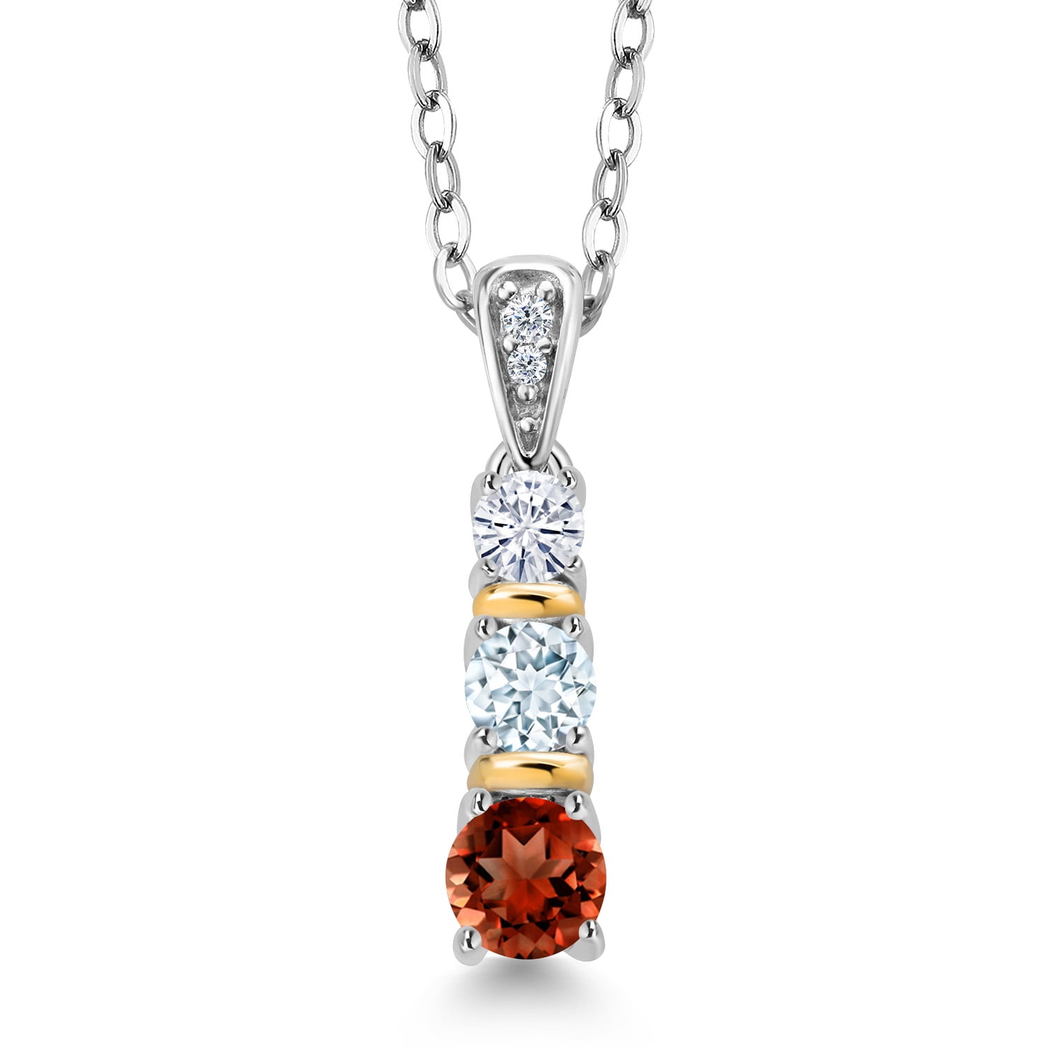 Gem Stone King 925 Silver and 10K Yellow Gold Round Red Garnet Sky Blue Aquamarine and White Moissanite Pendant Necklace for Women (0.64 Cttw, Gemstone January Birthstone, with 18 inch Chain)
