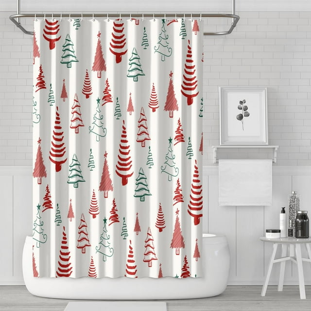 Rideau de Douche pour Salle de Bain Rouge Vert Sapin de Noël Rideaux de Douche Imperméables Frais Crochets de Rideau de Bain Inclus,72x72 Pouces