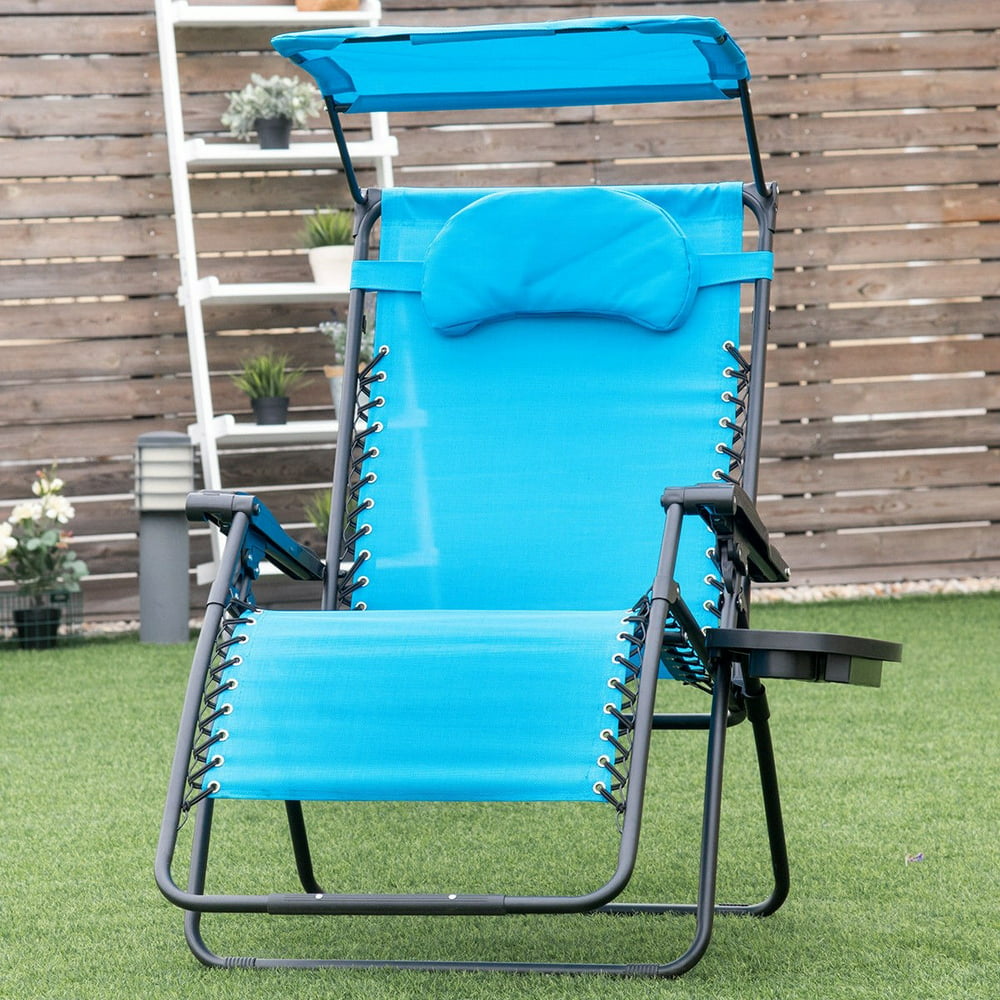 Folding Recliner Lounge Chair w/ Shade Canopy Cup Holder