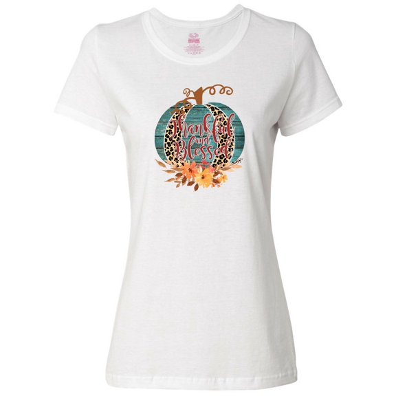 Inktastic Thankful and Blessed Teal Cheetah Pumpkin Women's T-Shirt