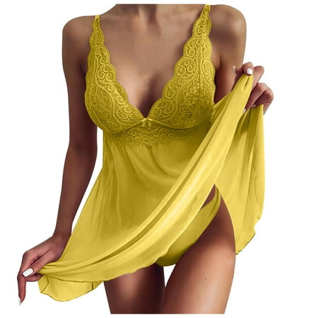 

DNDKILG Lace Sleepwear for Women Teddy Deep V Neck Nightgown Babydoll See Through Sexy Lingerie Yellow L