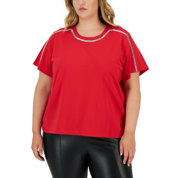 Calvin Klein Plus Size Rhinestone Trim Crewneck Top Rouge 0X