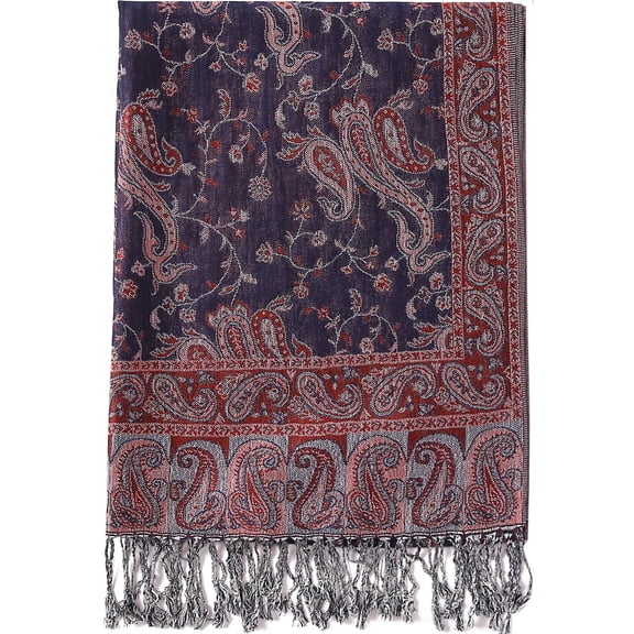 Paisley Flowers Borders Pattern Pashmina Silk Scarf Shawl Wrap Blanket Reversible Comfortable With Fringes (25-Navy Red)
