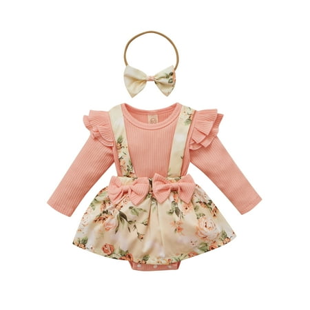 

Infant Baby Girl Fall Winter Floral Ribbed Fly Long Sleeve Tutu Suspenders Romper Dress Overall Skirts+Headbands Clothes Set