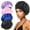 Black & Sapphire Blue & Pink & Purple, variant on 4PCS Silk Satin Bonnets for Black Women & Men - Elastic Wide Band Hair Wrap Cap for Curly Hair - Shower Cap for Sleeping (Black, Peacock Blue, Pink, Khaki)
