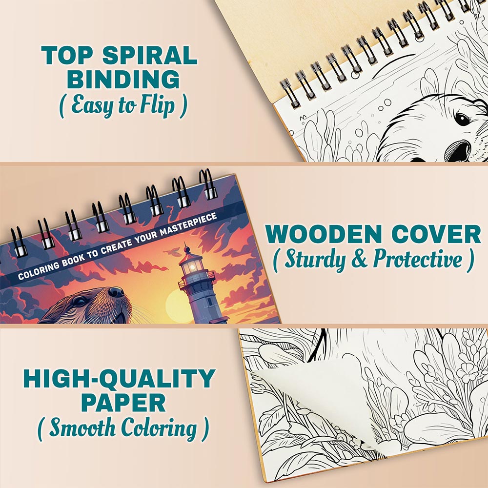 Netecom Sea Otter Coloring Book Spiral Bound For Adults, A5 Wooden Cover, 30 Joyful Coloring Pages of Marine Creatures for Stress Relief and Relaxation