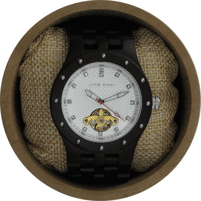 Angie Wood Creations Montre pour Homme à Remontage Automatique en Ébène avec Cadran Blanc Texturé