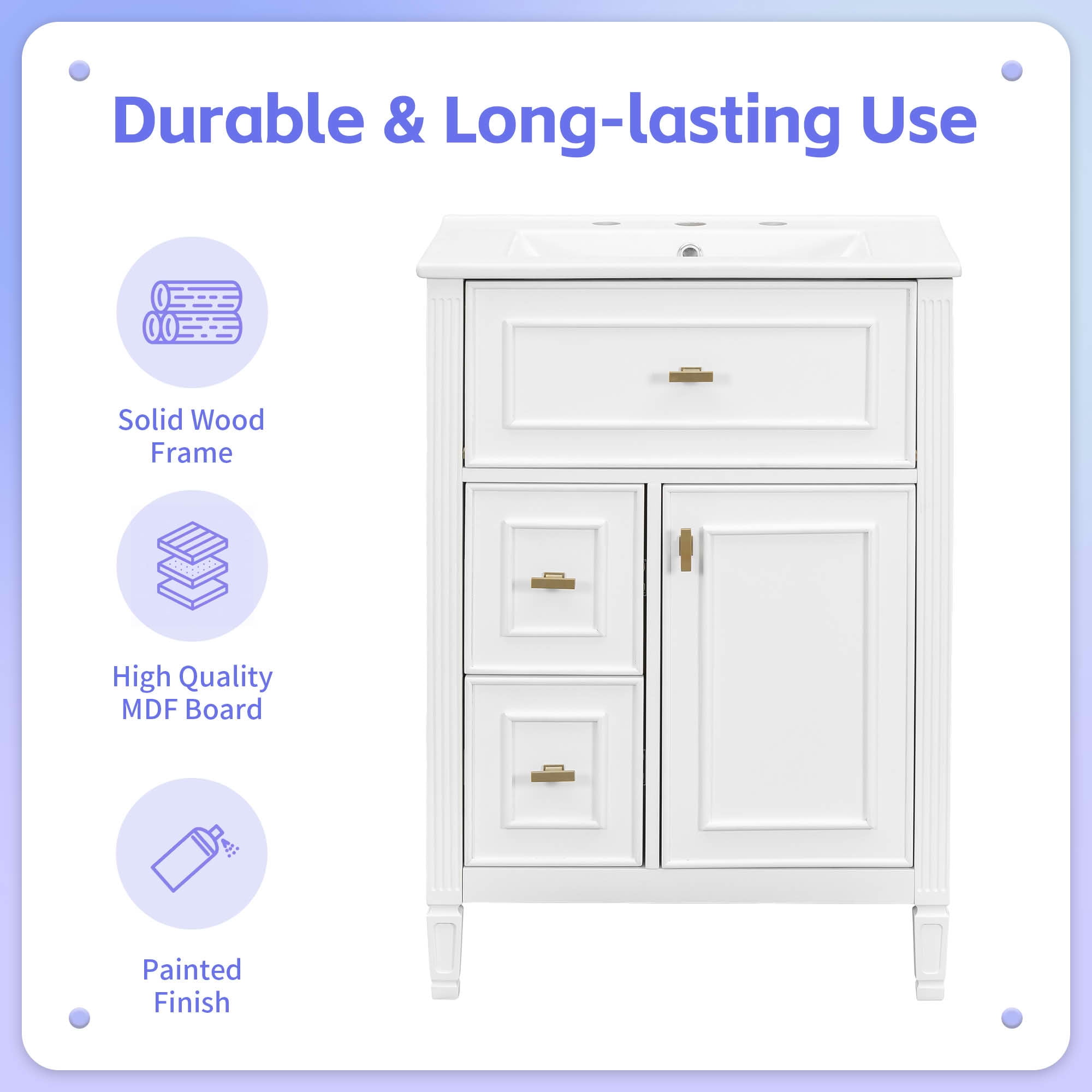 MAYEERTY 24" Bathroom Vanity with Sink, 1 Flip Drawer 2 Drawers Adjustable Shelf, Solid Wood MDF, White