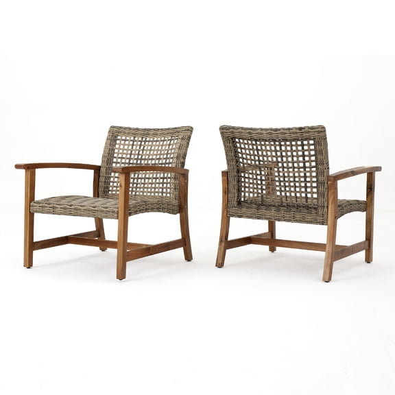 Bops Outdoor Accent Club Chair Set of 2- Brown Acacia Wood Gray Wicker