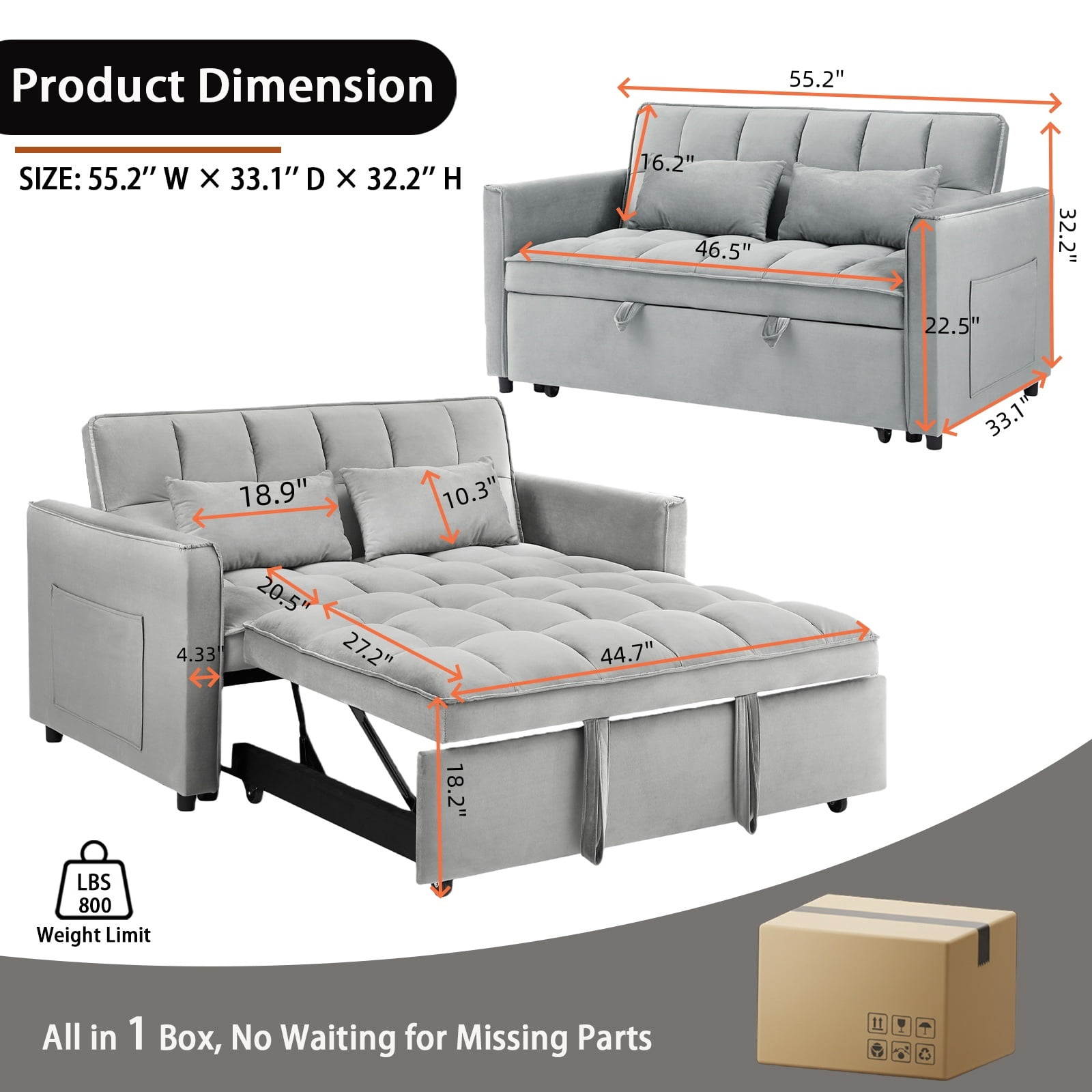 EPOWP 3 in 1 Folding Convertible Sofa Bed,55'' Pull Out Couch Bed with Side Pocket,Velvet Fabric Loveseat Sleeper Sofa with Adjustable Backrest,Easy Assembly,Perfect for Living Room,Light Grey