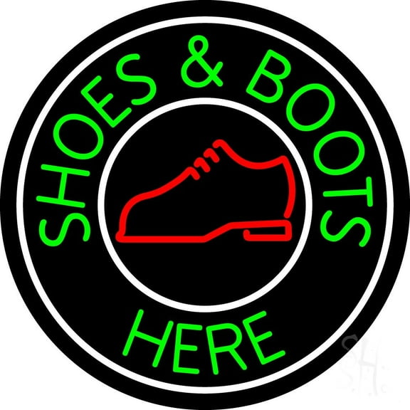 Shoes And Boots Here With White Border LED Neon Sign 18 x 18 - inches, Black Square Cut Acrylic Backing, with Dimmer - Bright and Premium built indoor LED Neon Sign for store Décor, Storefront.