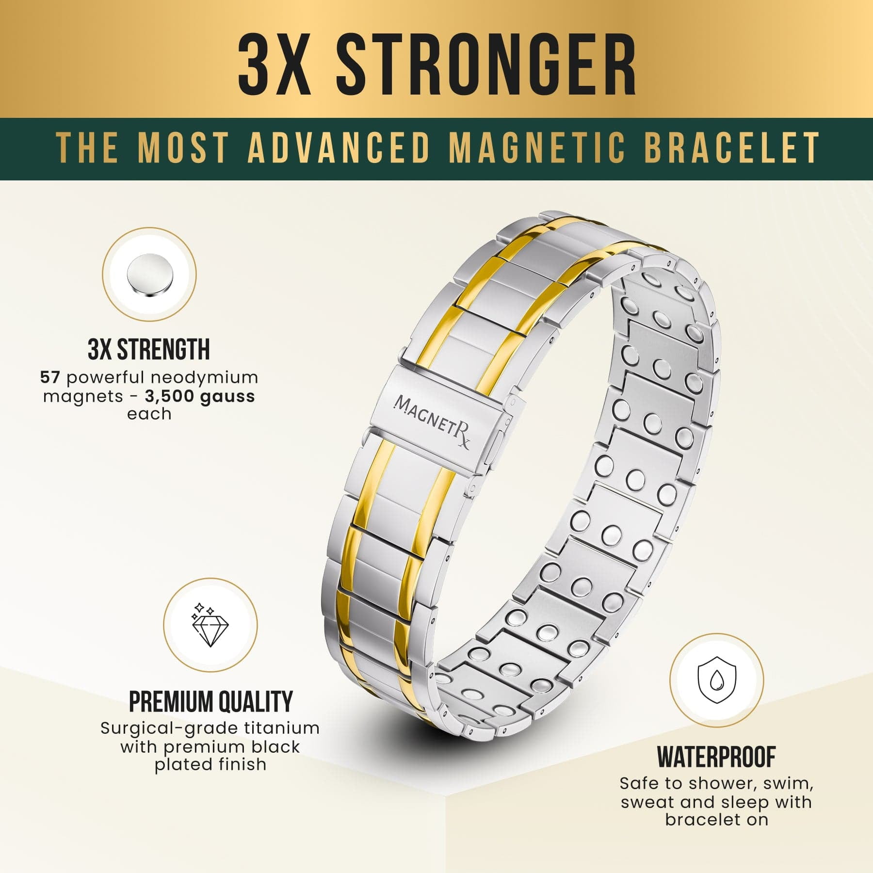 MagnetRX® Titanium Bracelet – Bracelets for Men – Premium Fold-Over Clasp & Adjustable Length with Sizing Tool (Silver & Gold)