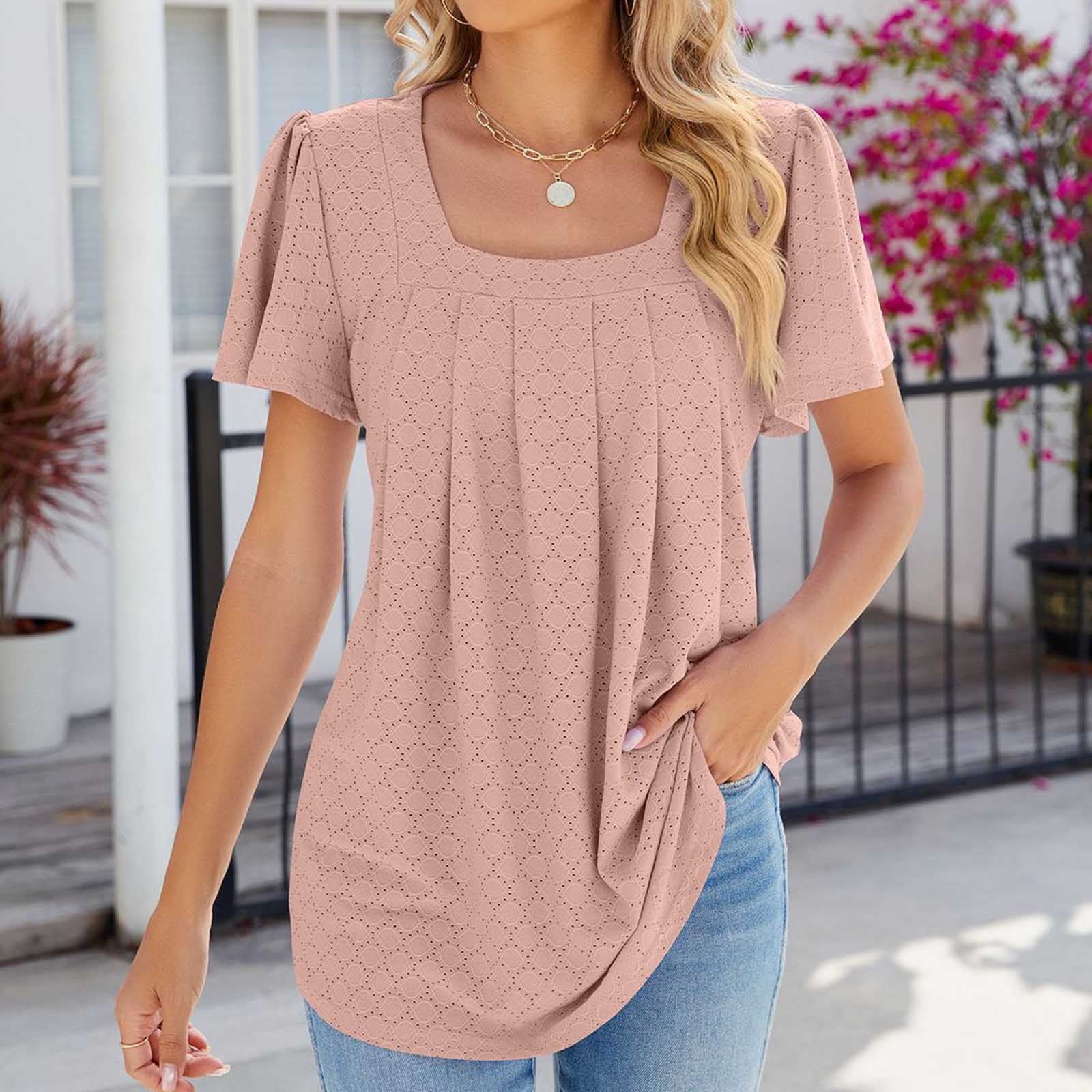 Scyoekwg Womens Tunic Tops Short Sleeve Eyelet Shirts Square Collar Pleated Tunic  Shirts Elegant Ruffles Sleeve Shirts Dressy Casual Tshirts Trendy Solid  Color Loose Blouses (Pink,M) - Walmart.ca