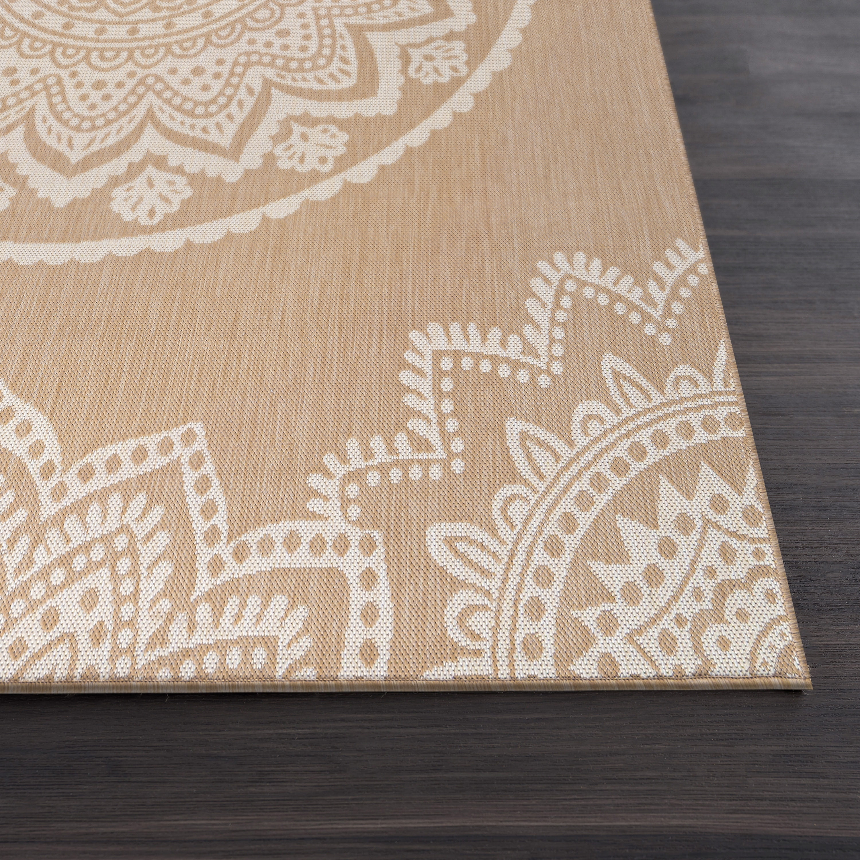 CAMILSON Indoor Outdoor Rug, 9' x 12' Beige Medallion Area Rugs