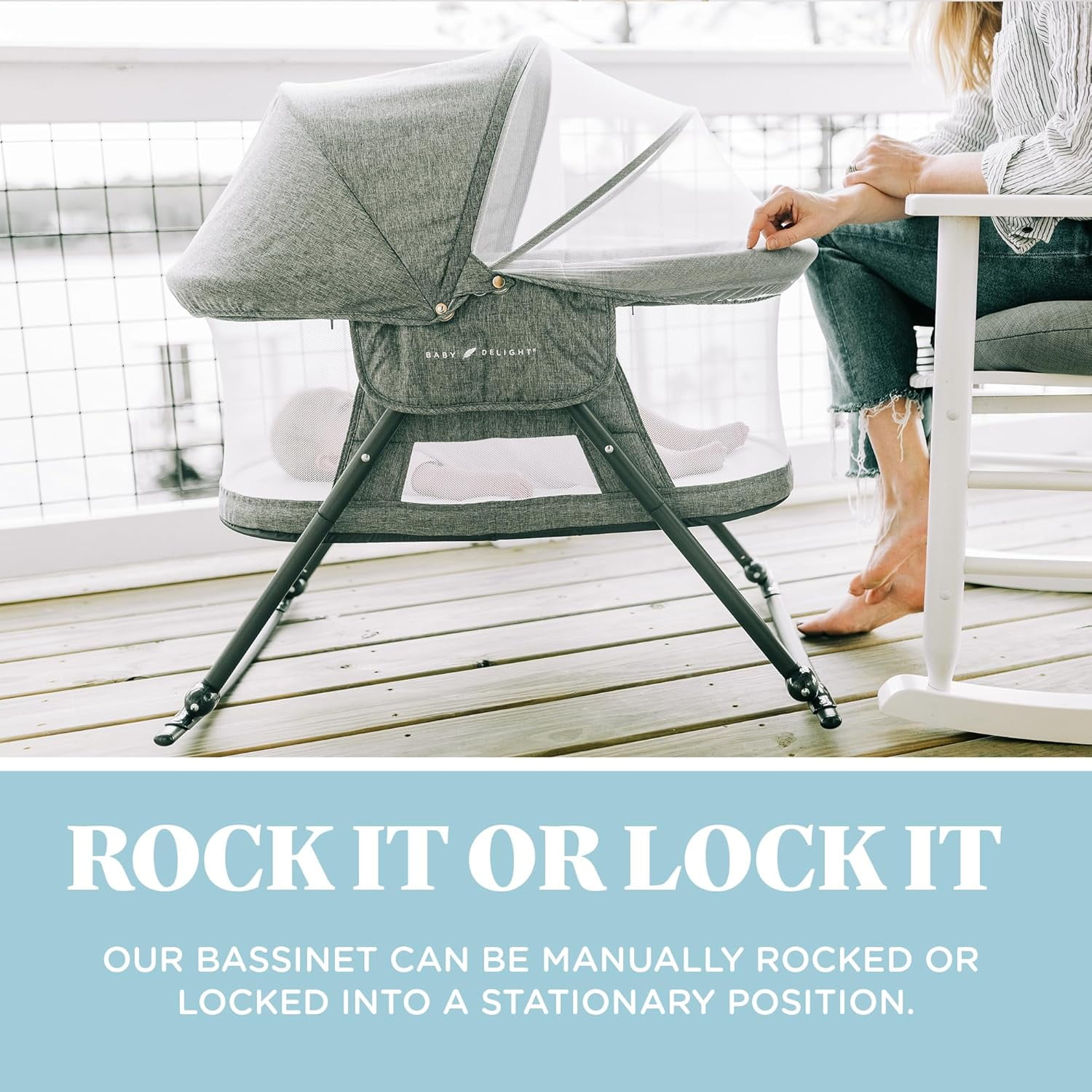 Baby Delight Go with Me Slumber Portable Rocking Infant Bassinet, Removable Canopy, Charcoal Tweed