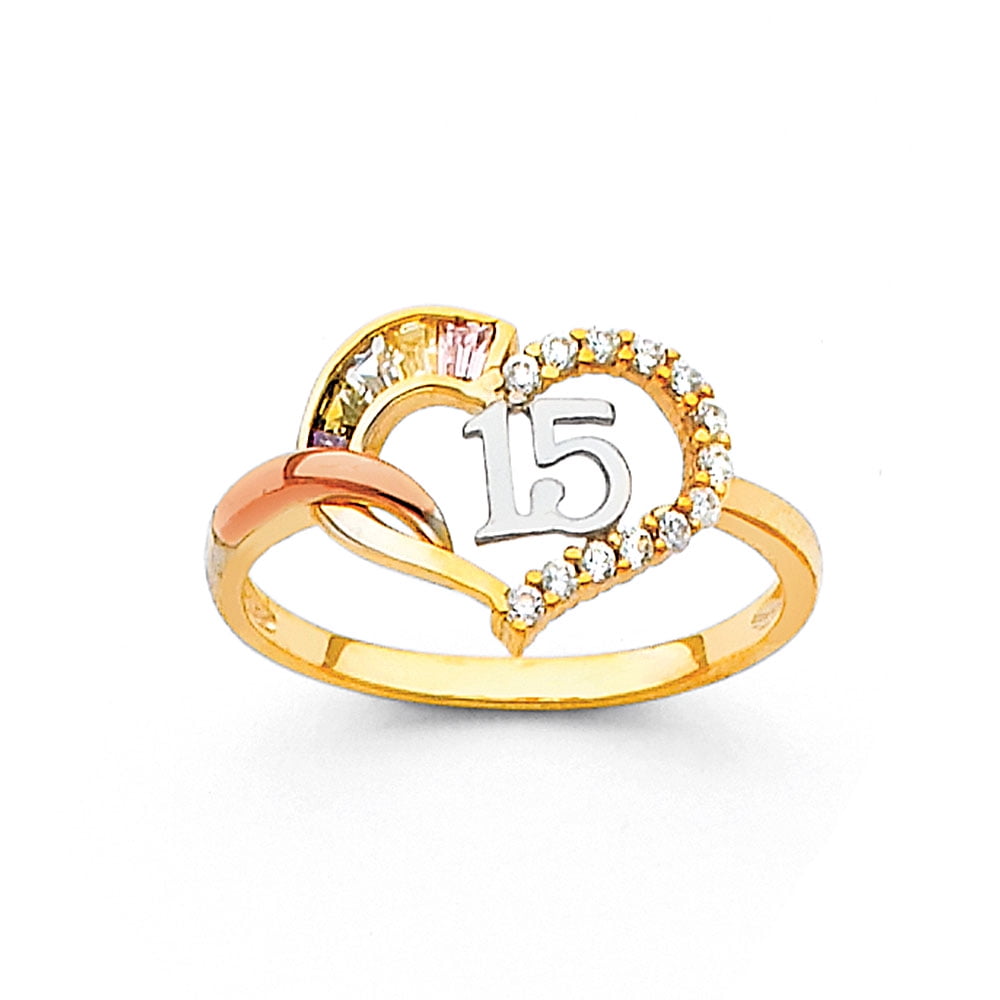 Sweet 15 Ring Heart Solid 14k Yellow Gold Quinceanera Band CZ Multi Color Fancy