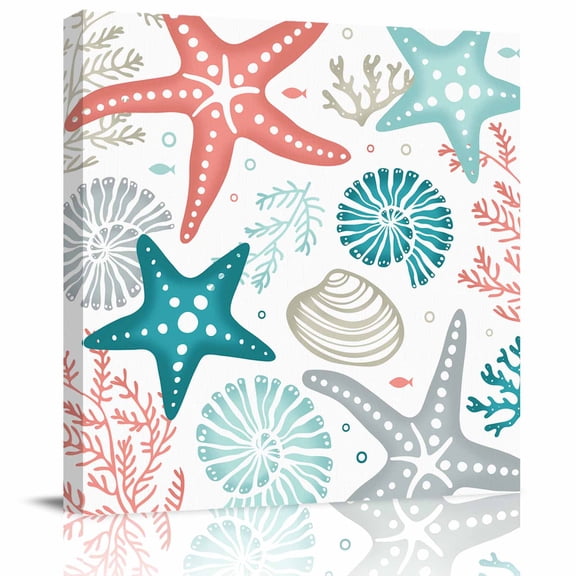 Framed Canvas Wall Art for Living Room Teal Starfish Wall Decor, Marine Life Ocean Coastal Coral Aesthetic Paintings for Bedroom Office Kitchen Bathroom, Ready to Hang Artwork Wall Pictures 8x8 Inch