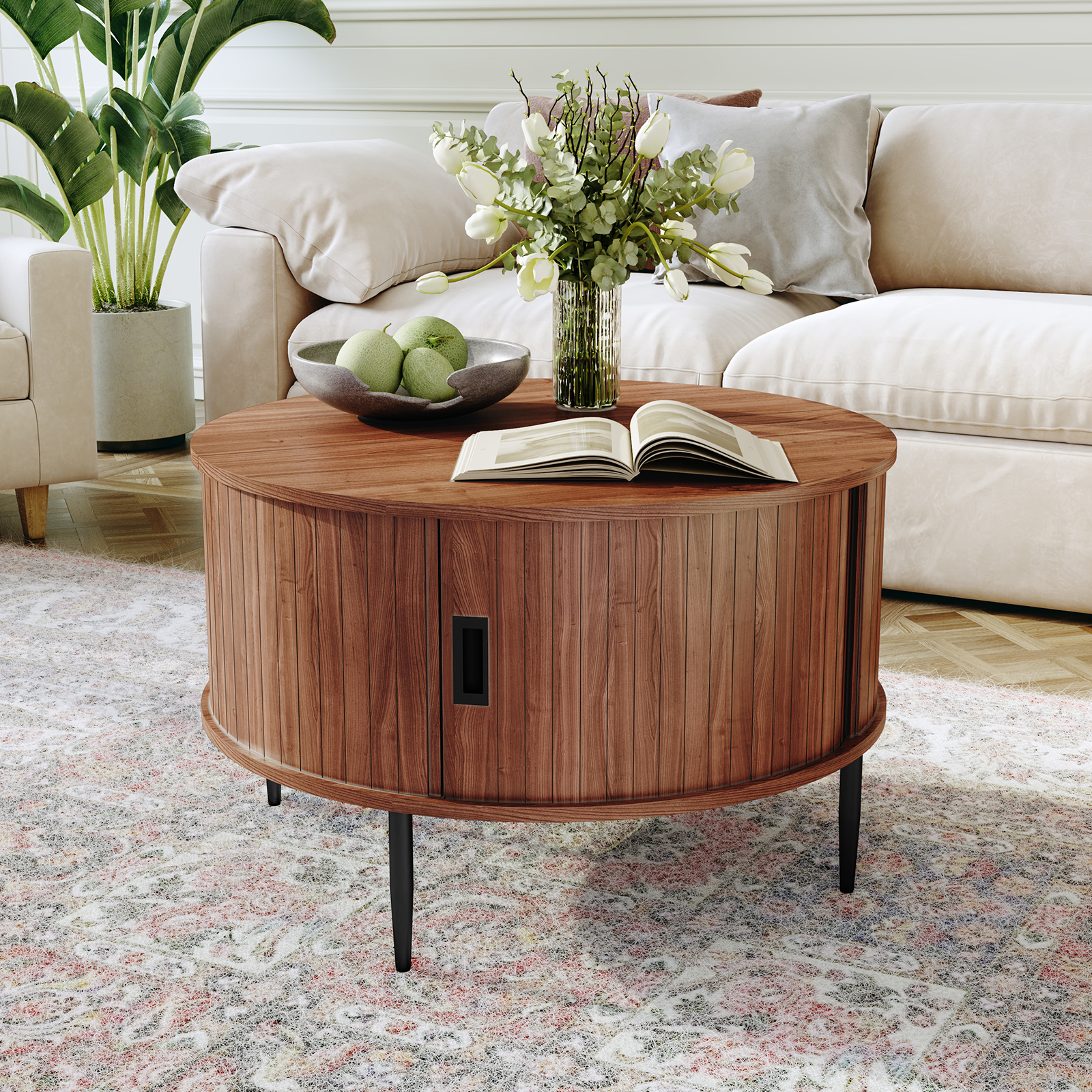 HLR Mid Century 31.5" Round Coffee Table with Sliding Tambour Door, Drum Center Table with Storage for Living Room, Brown