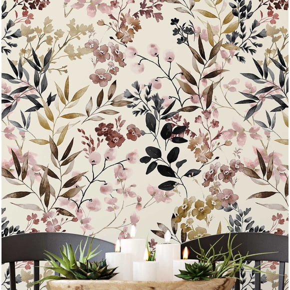 S4Sassy Peel & Stick Vinyl Wallpaper, Watercolor Floral Print Wallpaper Contact Paper Waterproof- Beige, 25"X 120", Textured Removable Wall Covering For Home Decor In Living Areas, Renter Space