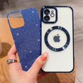 thumbnail image 4 of Compatible with iPhone 12 Magnetic Glitter Case, Luxury Plating Cute Bling Clear Phone Case, Compatible with MagSafe for Women Girls with Camera Protector Back Cover - Blue, 4 of 10