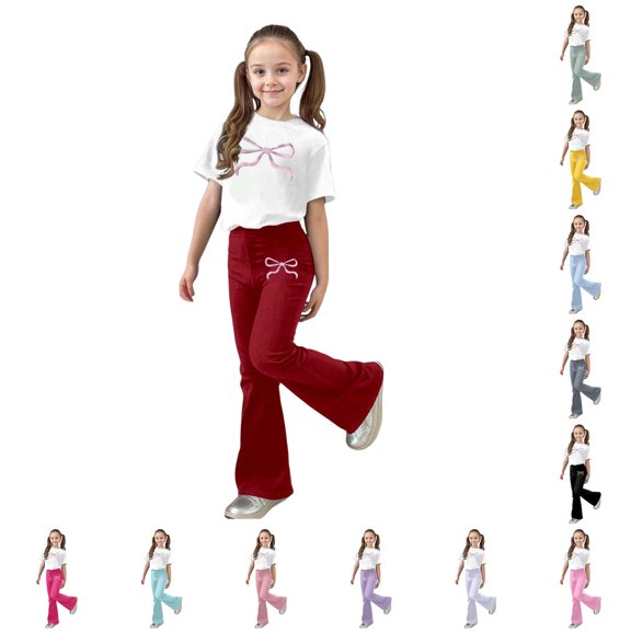 XAOFW Girls Outfits Short Sleeve Bowknot Graphic Tees Flared Pants Kids Girls Summer Autumn Cute Clothes Sets 9-10 Years
