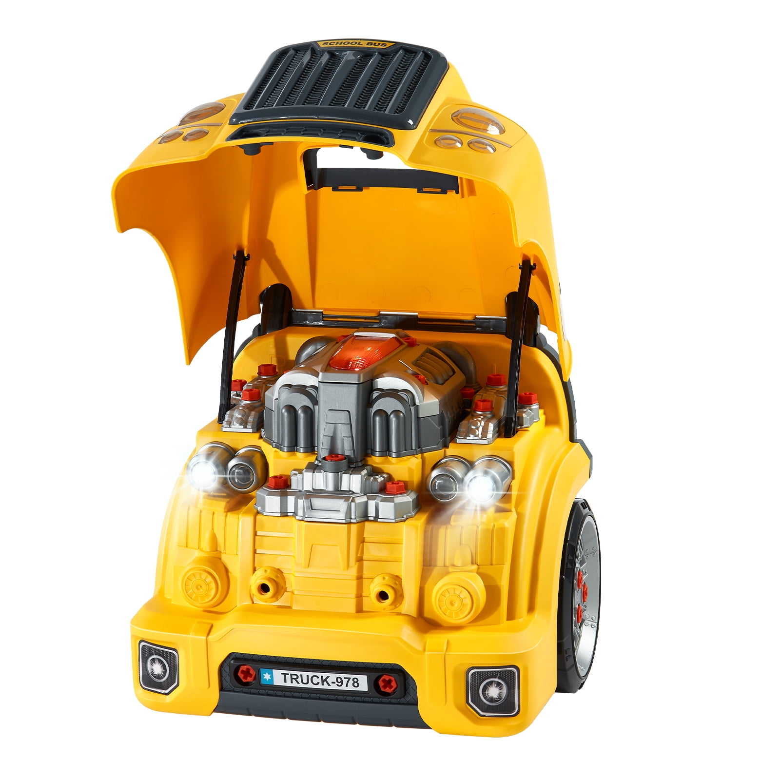 KFFKFF Engine Toy for Kids, 60-Piece Car Repair Playset with Detachable Components, Light and Sound Effects, Steering Wheel and Horn, Workshop Kit for Children Aged 3 and Older, Yellow