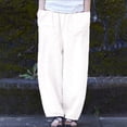 thumbnail image 2 of Pantalones rectos de lino retro de color liso para mujer 2025, cintura media con bolsillos, cintura elástica para todas las estaciones, ropa informal, 2 of 5