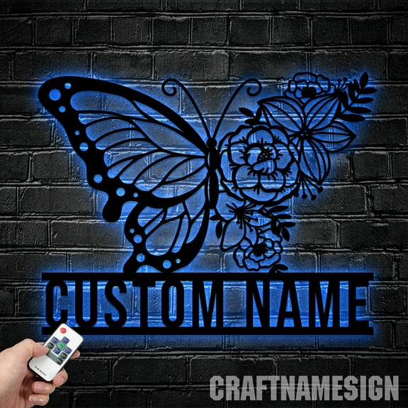 Craftnamesign Personalized Butterfly Floral Metal Wall Art with LED Light
