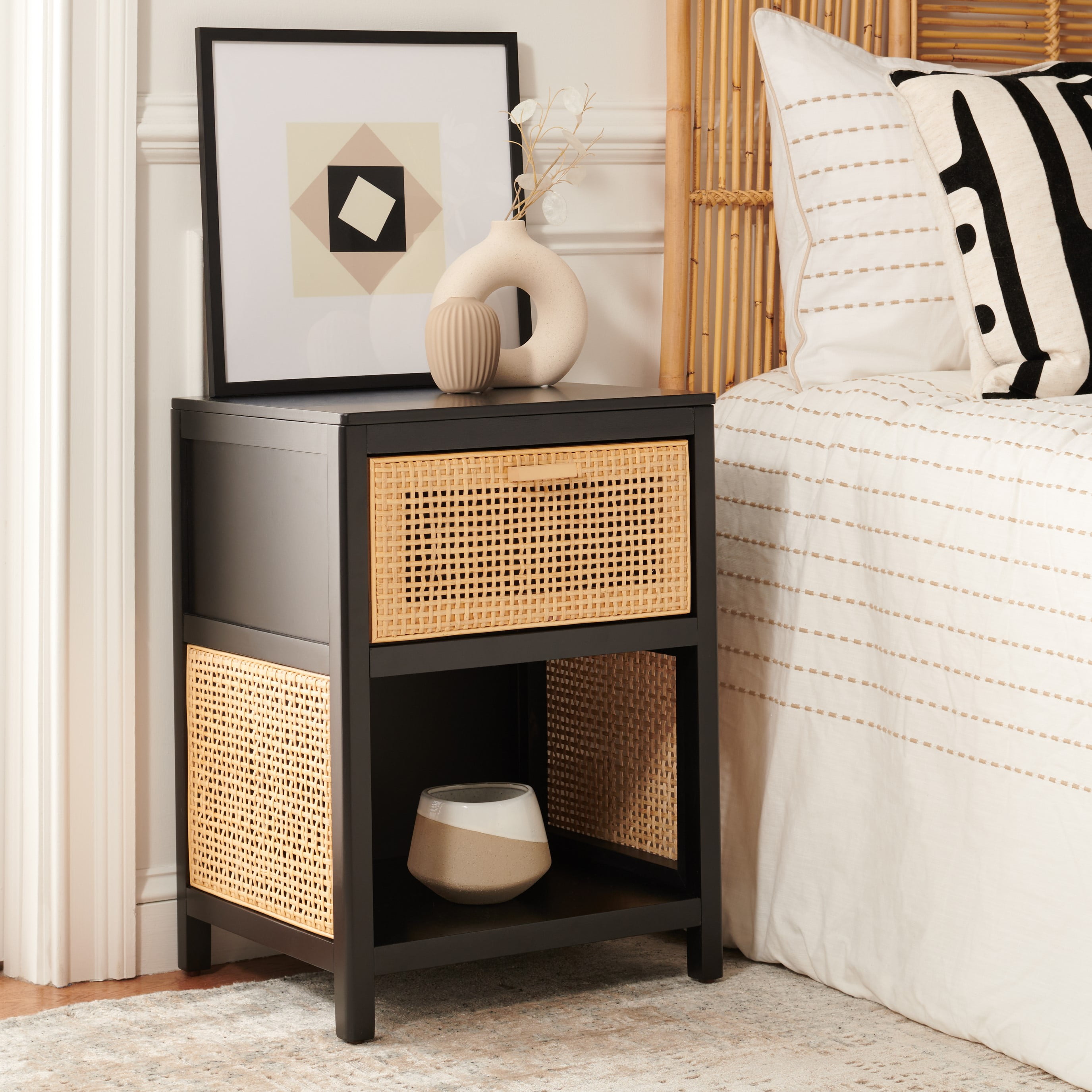 SAFAVIEH Miya Rustic Coastal 1 Drawer Nightstand, Black/Natural