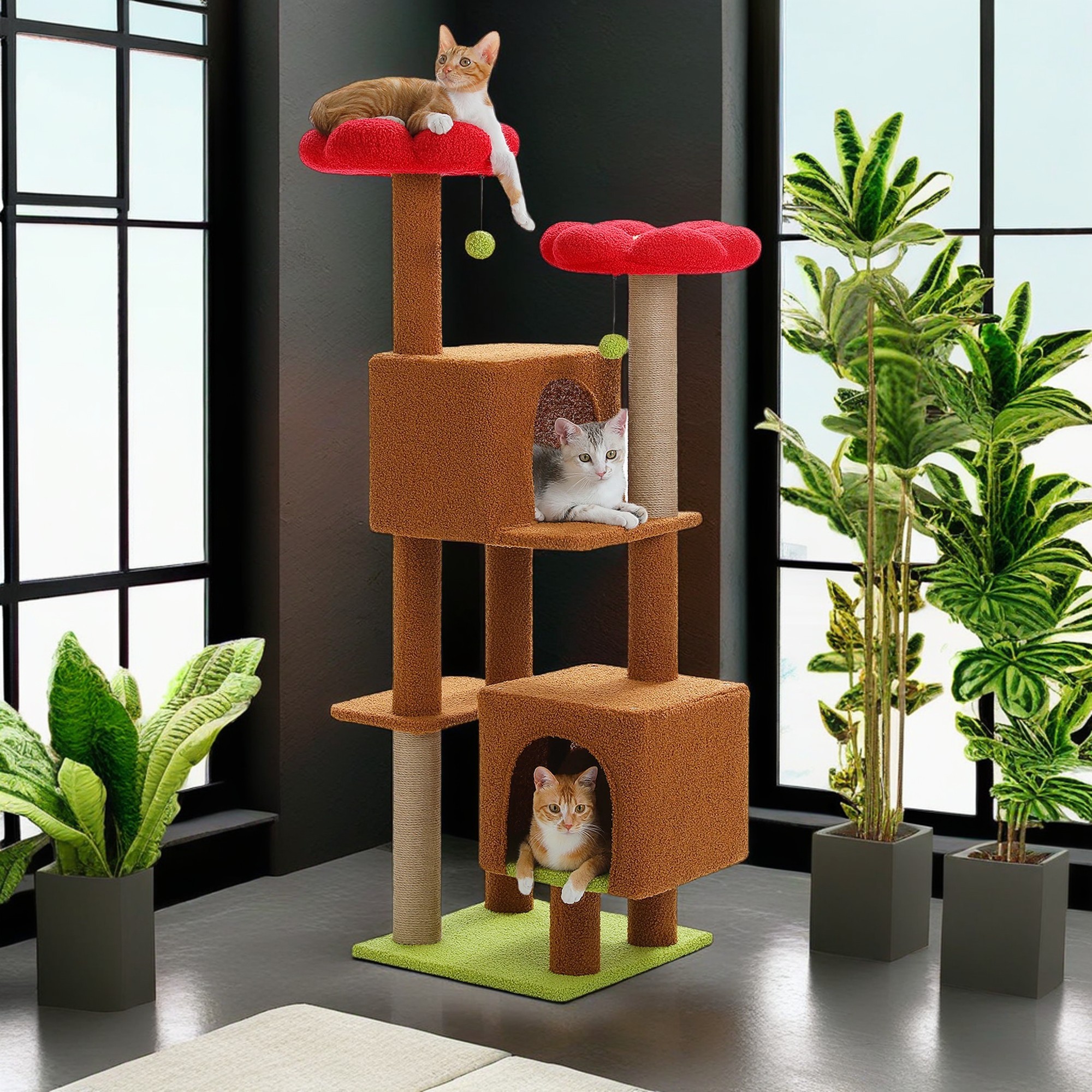 resenkos 52" Multilevel Cat Tree Tower for Indoor Cats, Plush Flower Cat Tree House with 2 Padded Perches, 2 Condos and 2 Scratching Posts, Brown