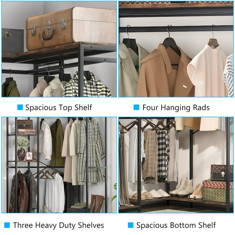 L-Shaped Clothes Rack, Corner Garment Rack with Storage Shelves