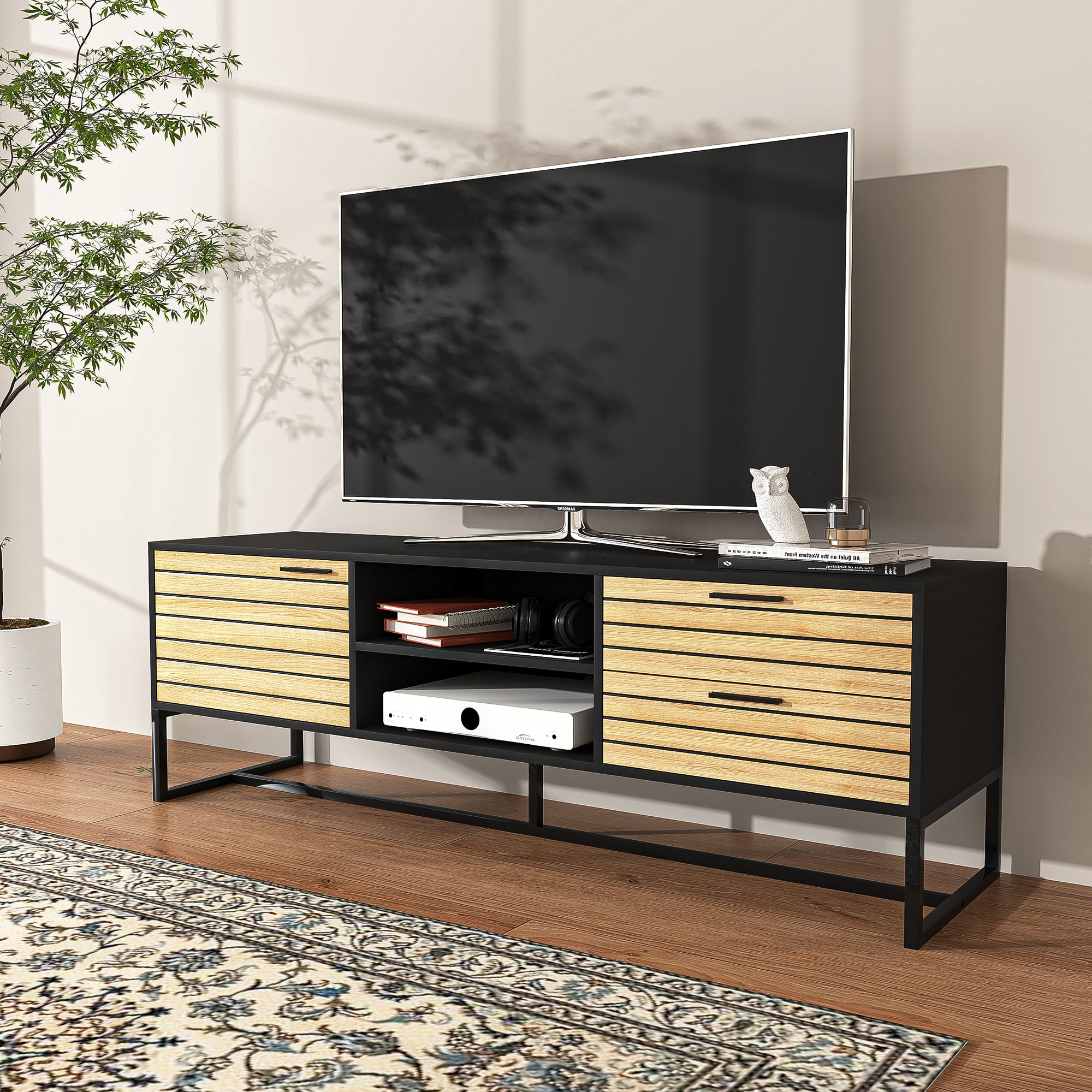 YYAo Mid Century Modern 65" Door Shelf TV Stand, Wood Universal TV Stand with Storage Cabinets and 3 Drawer, Natural YYAo Mid Century Modern 65" Door Shelf TV Stand, Wood Universal TV Stand with Storage Cabinets and 3 Drawer, Natural