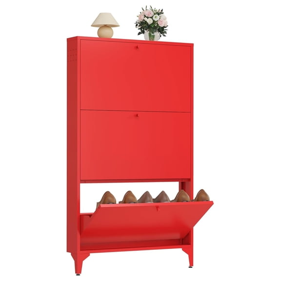 Shoe Storage Cabinet for Entryway with 3 Drawers, Freestanding Shoe Organizer with Legs,Farmhouse Narrow Shoe Storage Cabinet for Entryway, Foyer,Living Room (3 Doors(Width 27.5), Pink)