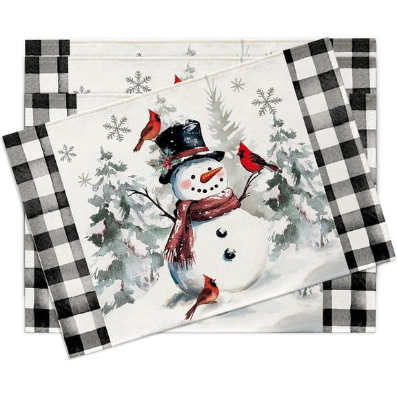 Winter Snowman Placemats Set of 4, Snowy Pine Tree Cardinal Birds Buffalo Plaid Check Dining Place Mats Table Decor, Farmhouse Rustic Christmas Home Kitchen Decoration 12 x 18 Inches