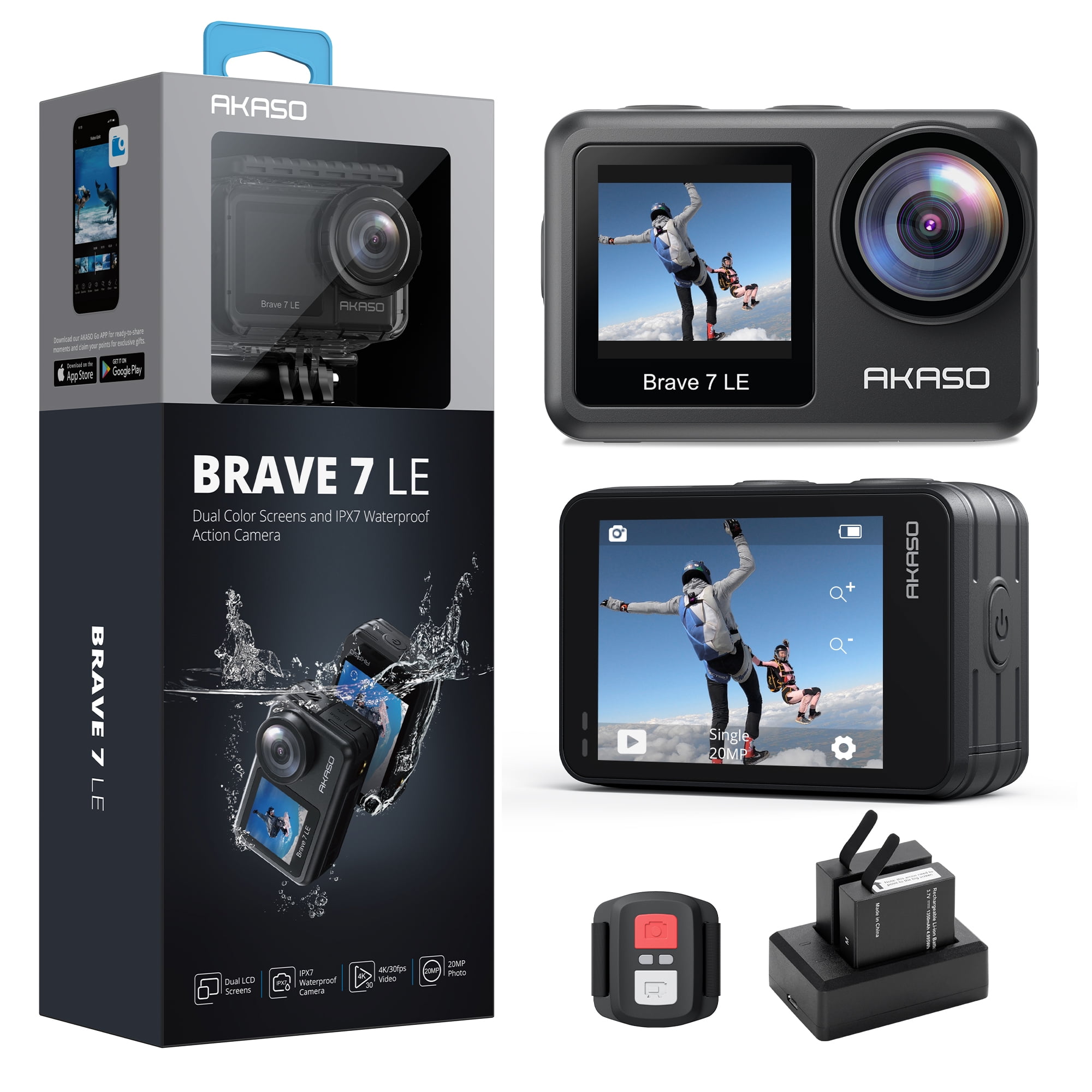 AKASO Brave 7 LE 4K30FPS 20MP WiFi Action Camera with Touch Screen Vlog  Camera EIS 2.0 Remote Control 131 Feet Underwater Camera with 2X 1350mAh