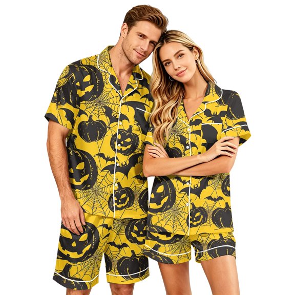 IYYVV Couple Matching Halloween Pajama Set Horror Pumpkin Silk Satin Sleepwear Button Down Short Sleeve 2 Pieces Loungewear Yellow L